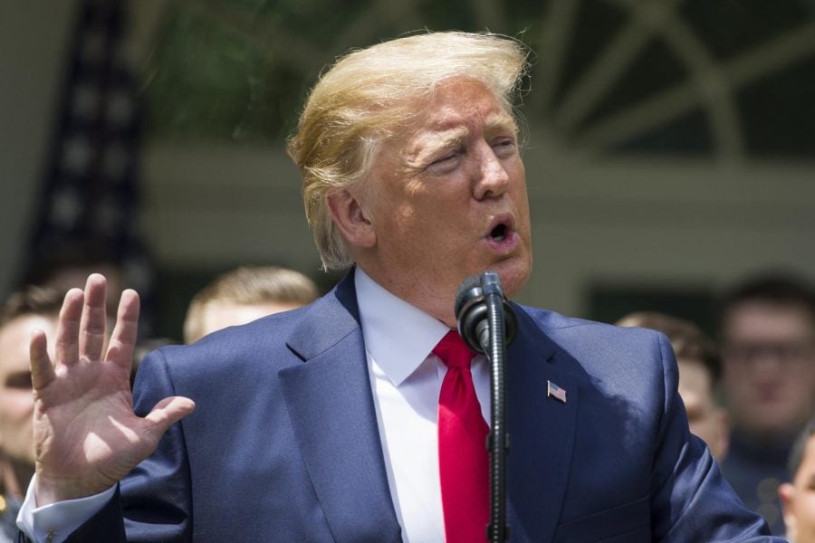 President Donald Trump speaks during the presentation of the Commander-in-Chiefs Trophy to the U.S. Military Academy at West Point football team in the Rose Garden of the White House, Monday, May 6, 2019, in Washington.