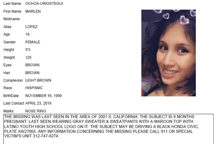 Chicago Police missing person flier for Marlen Ochoa-Uriostegui, who had gone to a Chicago home in response to a Facebook offer of free baby clothes, was strangled and her baby cut from her womb, police and family members said.