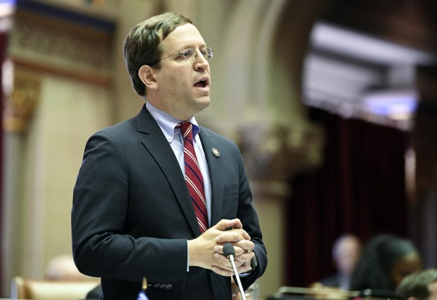 David Buchwald, D-Westchester, speaks to members of the New York state Assembly in favor of legislation that authorizes state tax officials to release, if requested, individual New York state tax returns to Congress, during a vote in the Assembly Chamber at the state Capitol Wednesday, May 22, 2019, in Albany, N.Y.