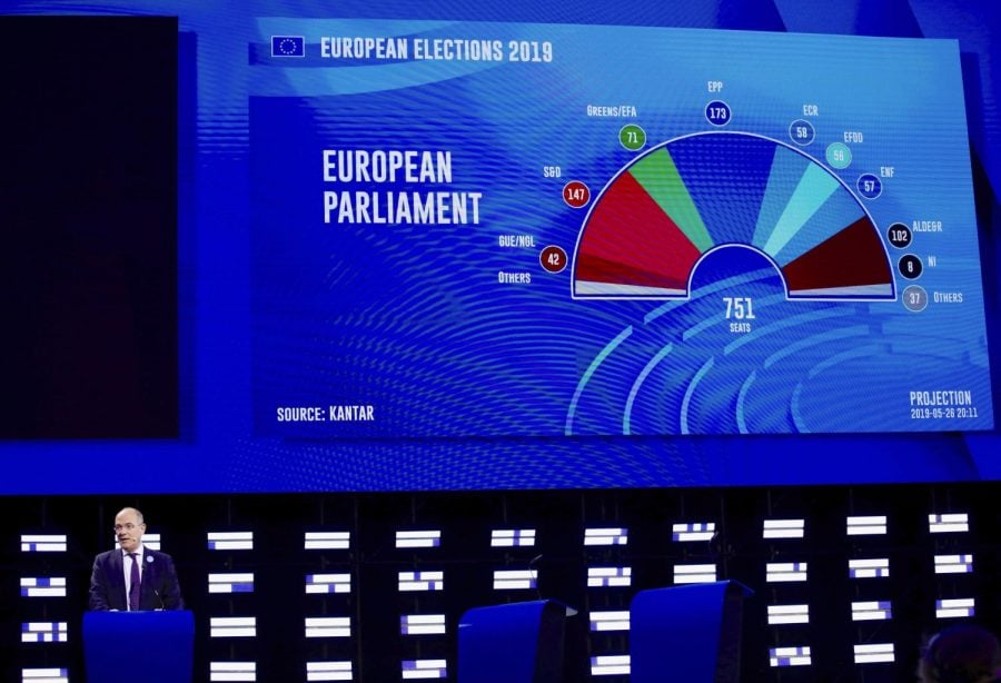 A presenter shows ongoing projections of results on a large screen in the press room at the European Parliament in Brussels, Sunday, May 26, 2019. From Germany and France to Cyprus and Estonia, voters from 21 nations went to the polls Sunday in the final day of a crucial European Parliament election that could see major gains by the far-right, nationalist and populist movements that are on the rise across much of the continent.