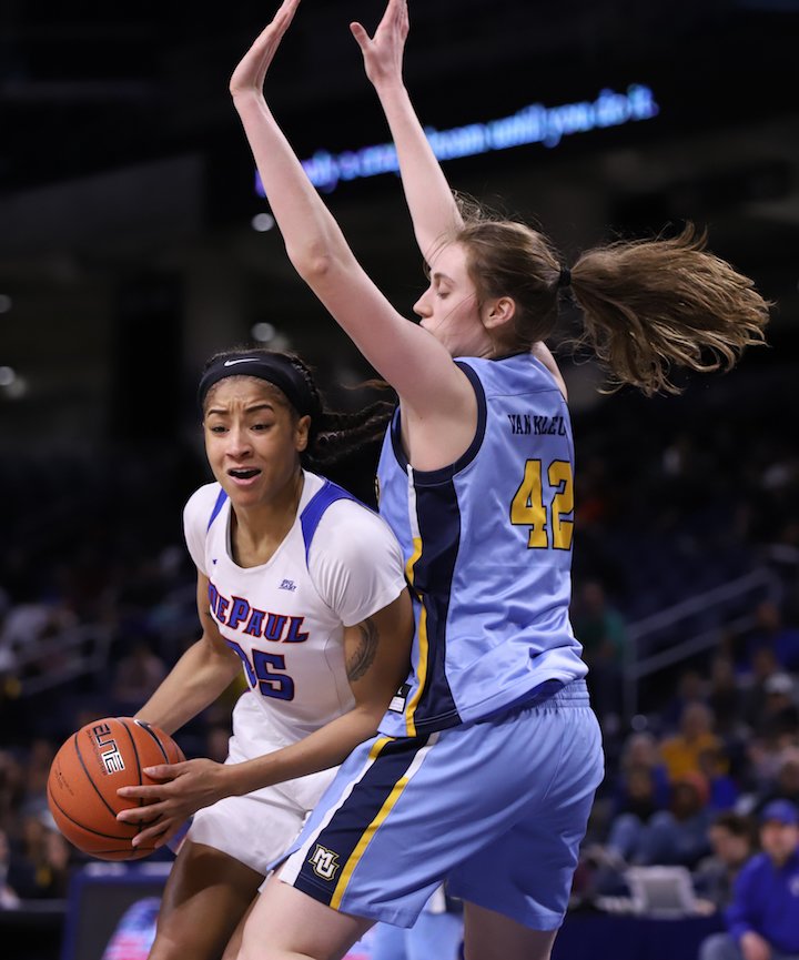 DePaul senior Marte Grays backs down a Creighton defender in the second round of the Big East Tournament March 11 at Wintrust.