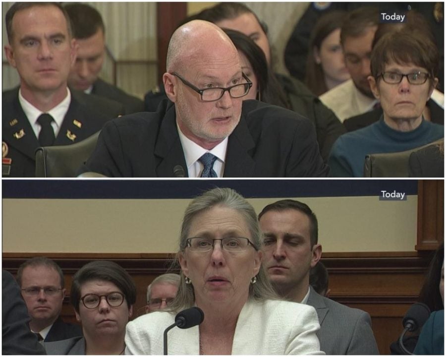 Col. Don Christensen (Ret.) of nonprofit group Protect our Defenders at a March Senate hearing on sexual assault in the military; BELOW: Col. Ellen Haring (Ret.) of advocacy group the Service Women's Action Network, at a similar House of Representatives hearing in April.