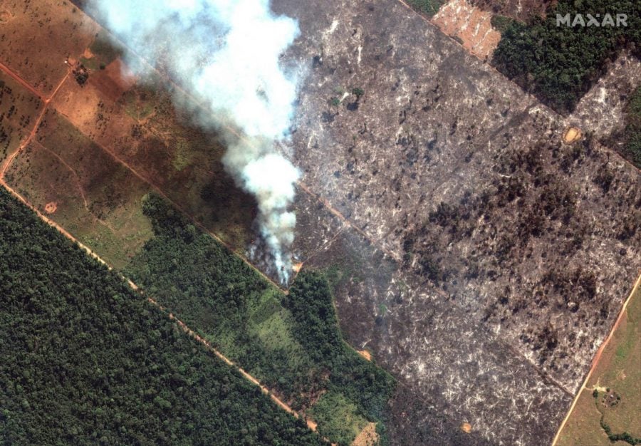 This Aug. 15, 2019 satellite image from Maxar Technologies shows closeup view of a fire southwest of Porto Velho Brazil. Brazils National Institute for Space Research, a federal agency monitoring deforestation and wildfires, said the country has seen a record number of wildfires this year as of Tuesday, Aug. 20.