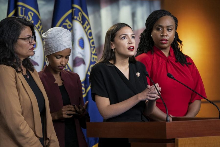In this July 15, 2019, file photo, from left, Rep. Rashida Tlaib, D-Mich., Rep. Ilhan Omar, D-Minn., Rep. Alexandria Ocasio-Cortez, D-N.Y., and Rep. Ayanna Pressley, D-Mass., speak at the Capitol in Washington. All are American citizens and three of the four were born in the U.S. President Donald Trump told American congresswomen of color to “go back” to where they came from. He later vowed to revive a racial slur to tear down Elizabeth Warren, promoted a wild conspiracy theory linking a past political opponent to the death of a high-profile sex offender and blamed Friday’s stock market slide on a low-polling former presidential candidate.