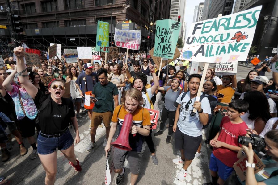 Protesters march in the Chicago climate strike in Grant Park on Sept. 20.