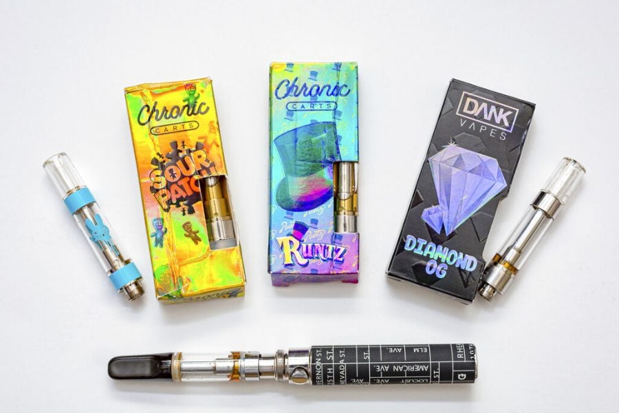 This photo made available by the New York State Department of Health on Sept. 5, 2019 shows a few of the cannabis-containing vaping products which contained high levels of vitamin E acetate. Vitamin E acetate is a key focus of the departments investigation of potential causes of vaping-associated pulmonary illnesses. 