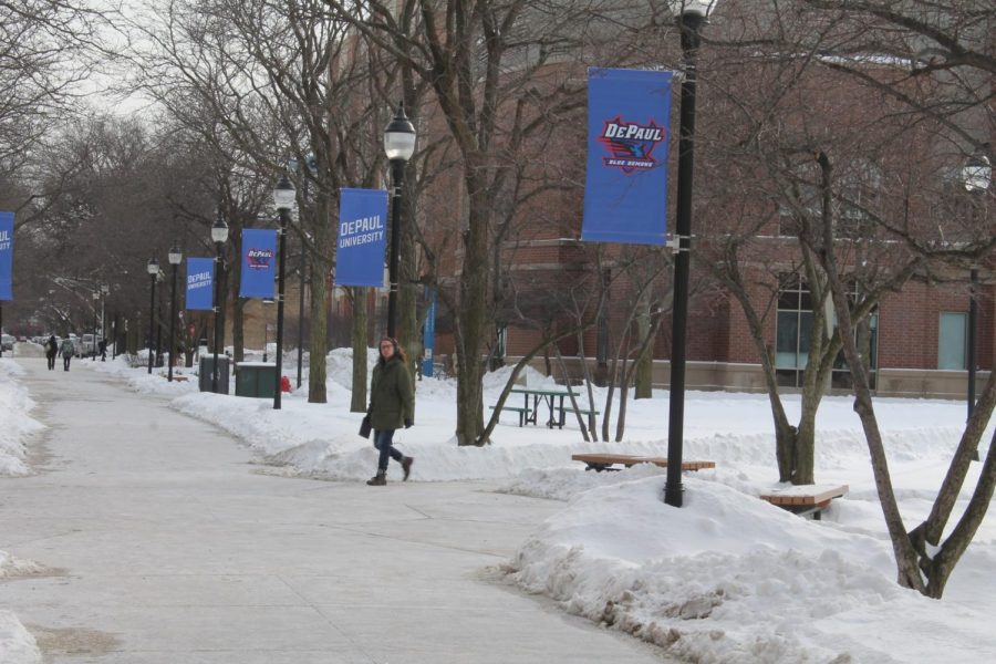 A student walks through the Quad on one of the coldest days ever recorded in Chicago, Jan. 30, 2019. This day fell during the beginning of DePaul’s Winter Quarter last year. 