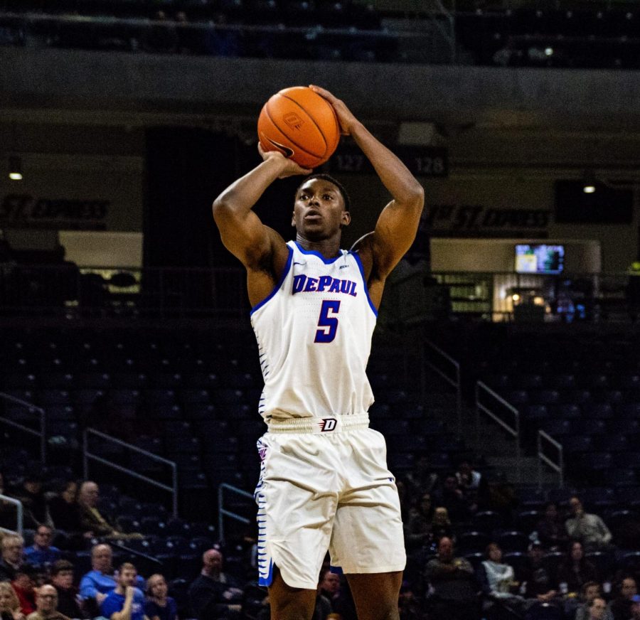 DePaul senior guard Jalen Coleman-Lands pulls up for a jump shot against UIC on Dec. 14, 2018 at Wintrust Arena. The two teams will meet this season on Dec. 14 at Wintrust.