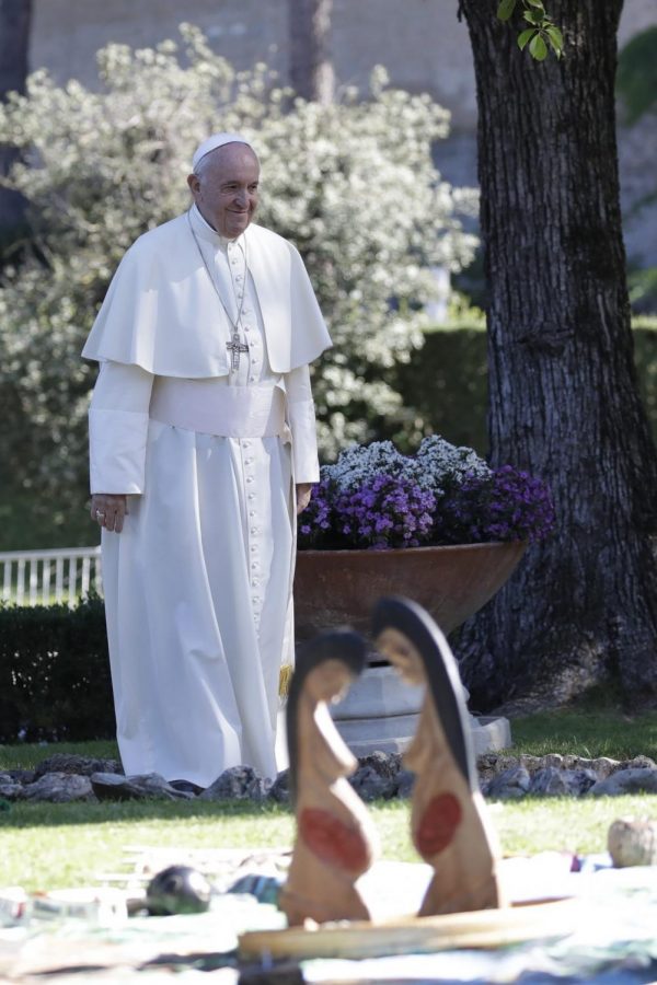 Pope+Francis+walks+past+statues+depicting+naked+pregnant+women+as+he+arrives+to+attend+a+tree+planting+rite+with+members+of+Amazon+indigenous+populations+in+the+Vatican+gardens%2C+Oct.+4%2C+2019.