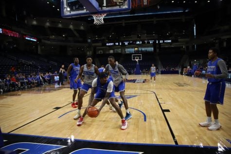 DePaul sophomore forward Darious Hall comes down with a rebound in the Blue Demons’ open scrimmage on Saturday.