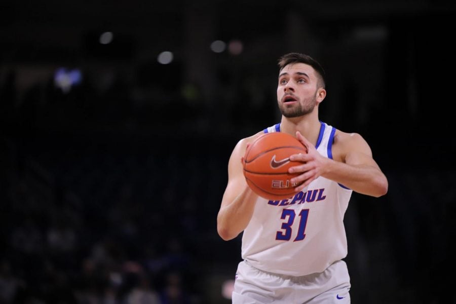 Max Strus lines up a free-throw attempt on March 3 against St. John’s. Strus led the Blue Demons with 43 points en route to a 92-83 victory on senior day at Wintrust Arena. 