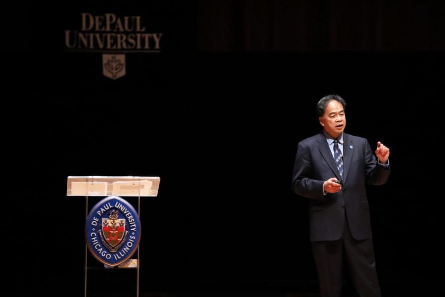 President A. Gabriel Esteban addresses faculty, staff and administrators at the annual State of the University speech. 