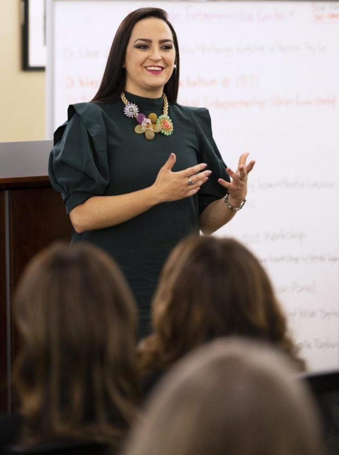 Keynote speaker, Jacqueline Camacho-Ruiz talks to students at the Latinx Womyn in Leadership and Entrepreneurship event on Tuesday at the Coleman Entrepreneurship Center. Jacqueline spoke about giving yourself the power to push yourself to success.