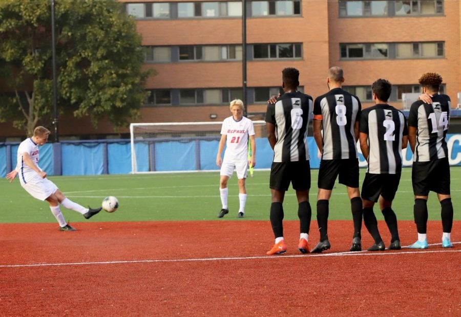 ePaul sophomore forward Jake Fuderer scores from a free kick in the second half of a 2-0 win against Providence on Saturday at Wish Field. 