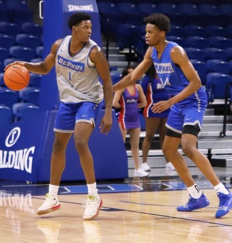 DePaul frehsman forward Romeo Weems backs down in the post in the Blue Demons’ open scrimmage.