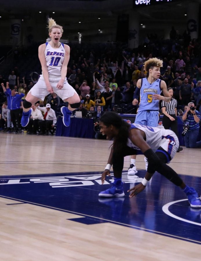 Lexi Held and Chante Stonewall celebrate after Stonewall hit a game-winning shot in the 2019 Big East championship game on March 12 at Wintrust Arena. 
