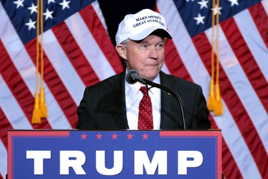 Then-U.S. Sen. Jeff Sessions, R-Ala., speaks at an event hosed by then-presidential candidate Donald Trump in Phoenix, Arizona. on August 31, 2016.