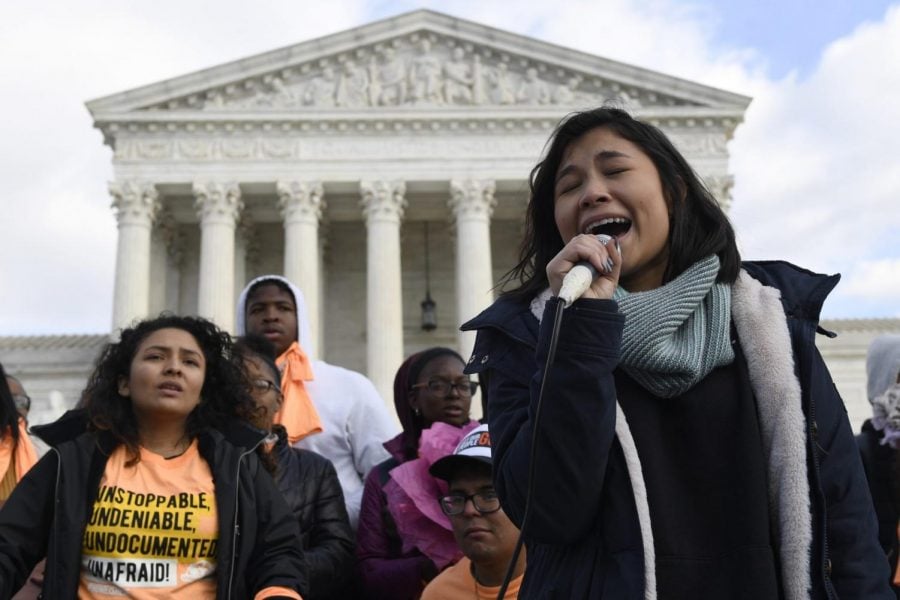 Michelle Lainez, 17, originally from El Salvador but now living in Gaithersburg, Md., speaks during a rally outside the Supreme Court in Washington, Friday, Nov. 8, 2019. The Supreme Court on Tuesday takes up the Trump administration’s plan to end legal protections that shield nearly 700,000 immigrants from deportation, in a case with strong political overtones amid the 2020 presidential election campaign.