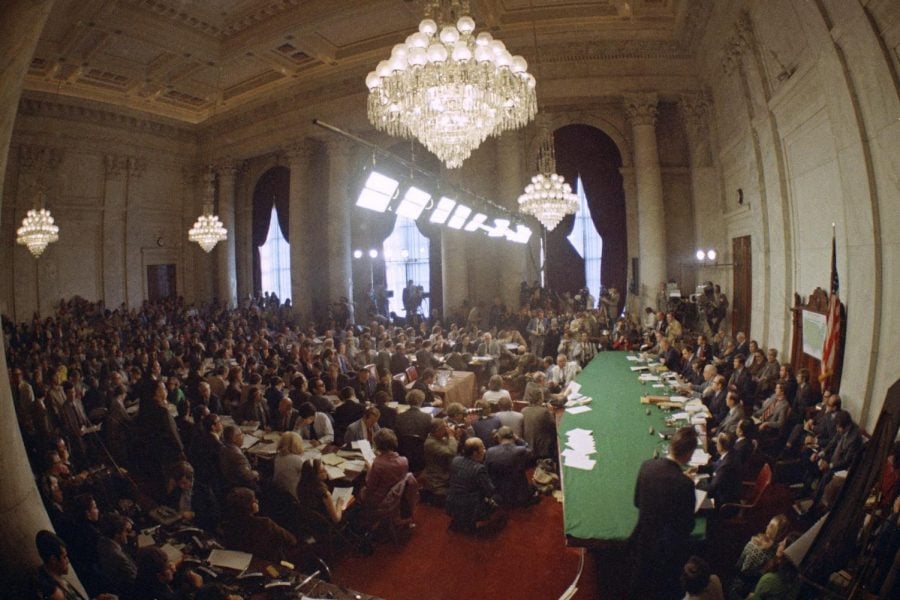 In this May 18, 1973, file photo, the hearing of the Senate select committee on the Watergate case on Capitol Hill in Washington. In 1973, millions of Americans tuned in to what Variety called the hottest daytime soap opera _ the Senate Watergate hearings that eventually led to President Richard Nixons resignation. For multiple reasons, notably a transformed media landscape, theres unlikely to be a similar communal experience when the House impeachment inquiry targeting Donald Trump goes on national television starting Nov. 13, 2019.