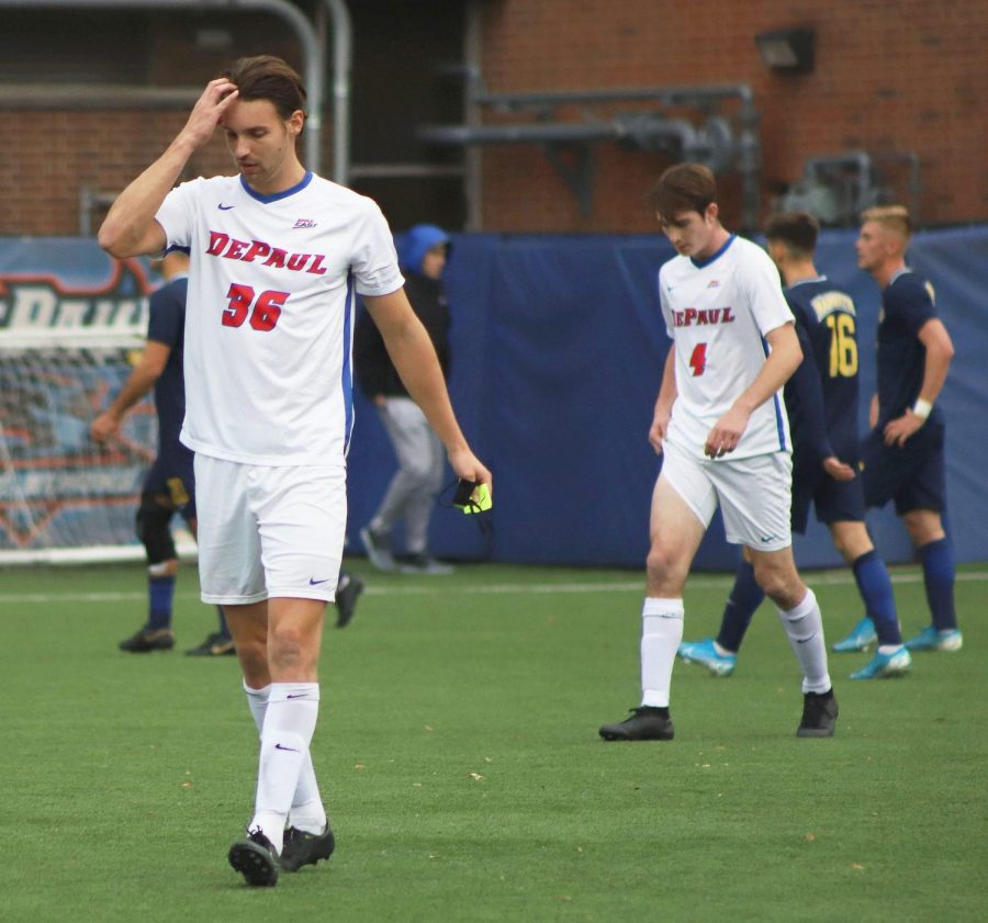 DePaul senior defender Max De Bruijne walks off the field after losing 1-0 to Marquette on Wednesday at Wish Field. 