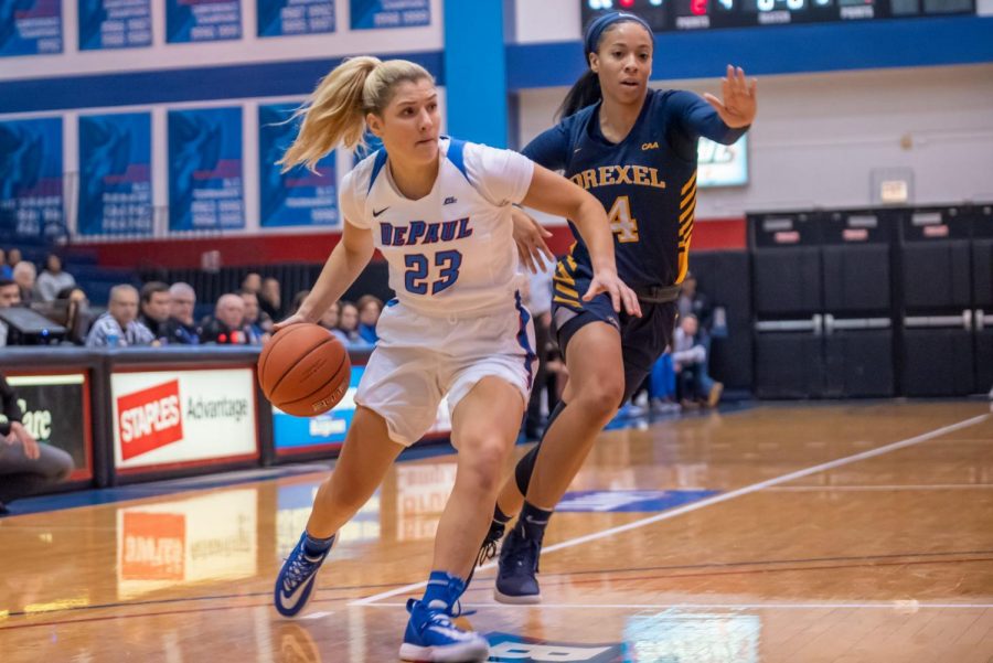 Guard Dee Bekelja dribbles into the lane against Drexel. Bekelja came off the bench to score 7 points for the Blue Demons. 