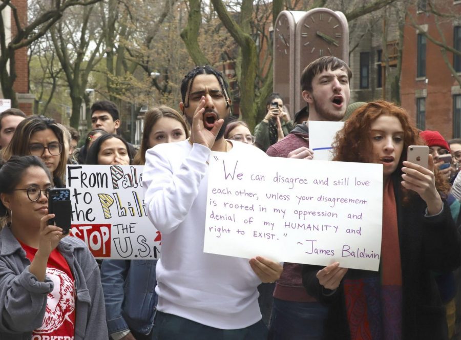 Students+protest+Professor+Jason+Hill+in+May+2019+in+response+to+his+controversial+statements+on+Palestine.