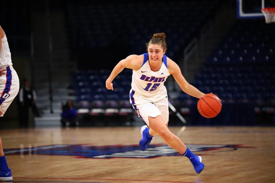 Sophomore Jolene Daninger dribbling into the lane against Miami on Friday. She came off the bench for 14 points in the contest.