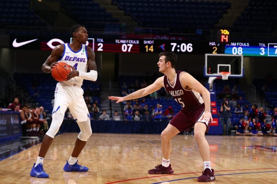 Paul Reed lines up against a U Chicago defender on Wednesday night at Wintrust Arena, the Blue Demons won 84-55.