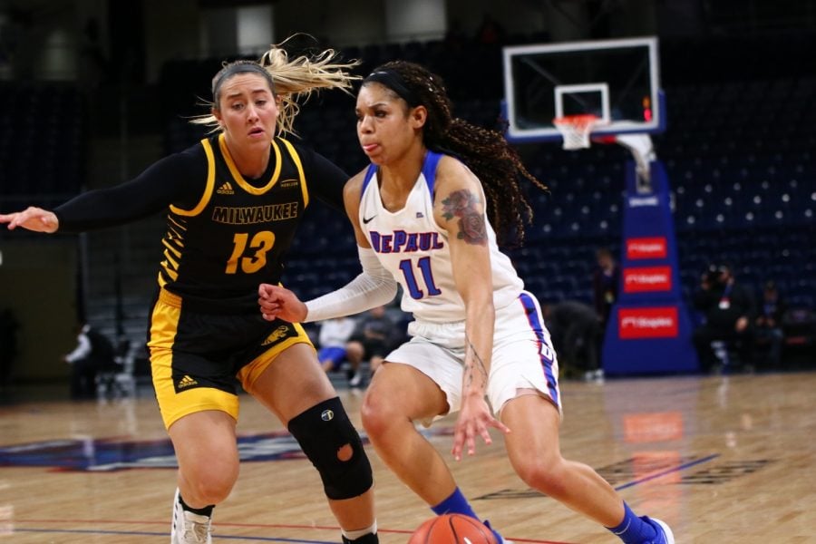 DePaul sophomore guard Sonya Morris dribbles past a defender on Tuesday at Wintrust Arena.