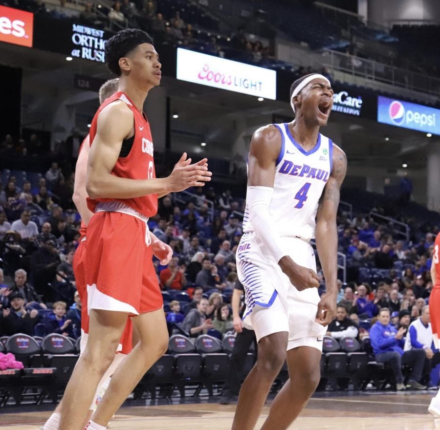 DePaul junior forward Paul Reed celebrates after a play in the second half against Cornell on Nov. 16, 2019 at Wintrust Arena.