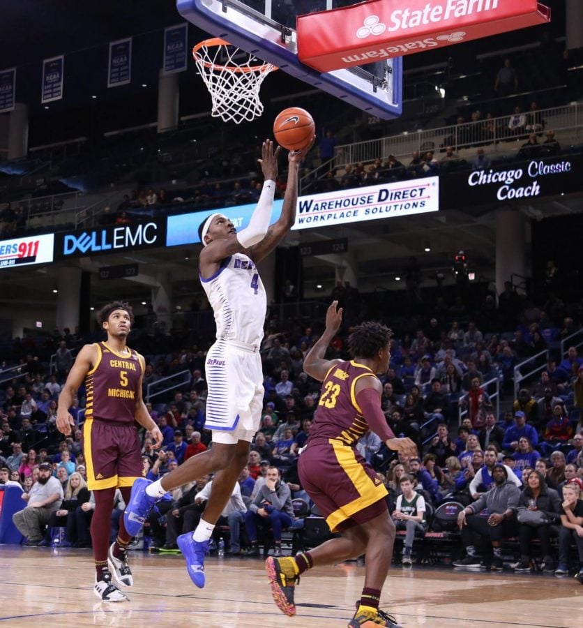 DePaul junior forward Paul Reed goes up for a layup against Central Michigan at Wintrust Arena.