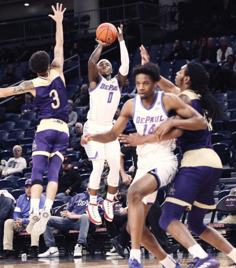 DePaul freshman guard Markese Jacobs attempts a 3-point shot against Alcorn State Tuesday night at Wintrust Arena. 