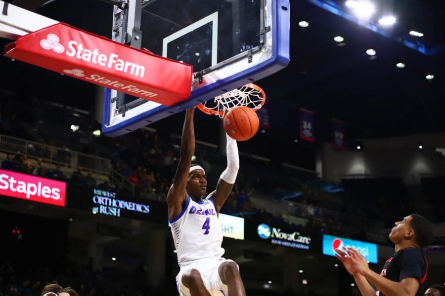 DePaul junior forward Paul Reed dunks the ball against Texas Tech on Dec. 4 at Wintrust Arena. 