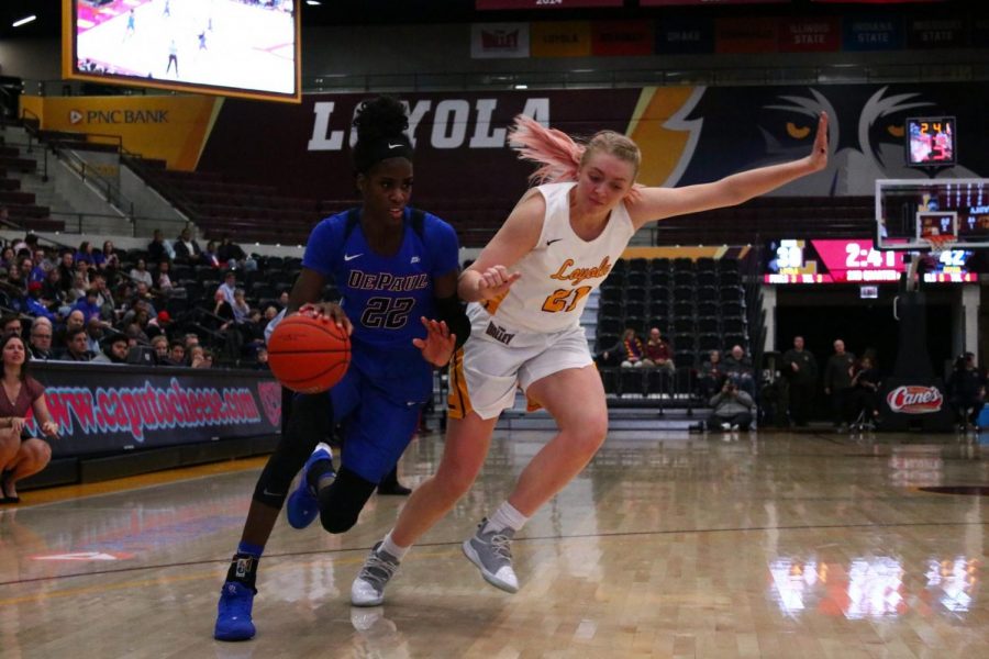 DePaul senior forward Chante Stonewall drives to the basket in the second half against Loyola on Friday night. 