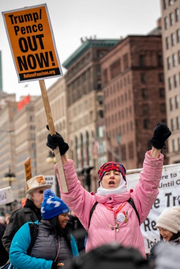 A protestor calls for president Donald Trumps removal from office during the annual Women’s March Chicago. 