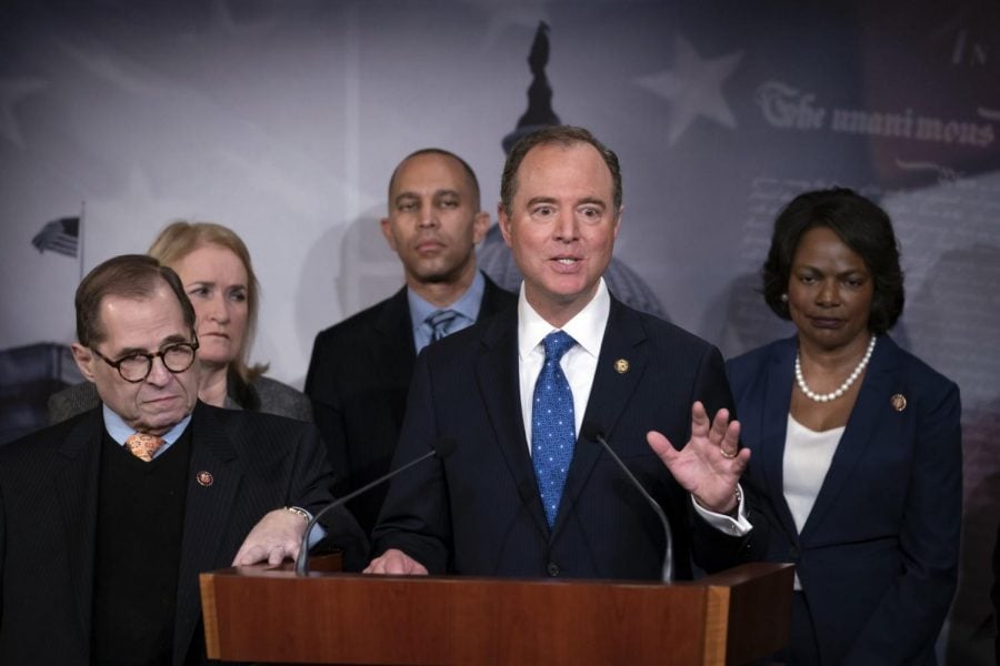 House Democratic impeachment managers, from left, House Judiciary Committee Chairman Jerrold Nadler, D-N.Y., Rep. Sylvia Garcia, D-Texas, Rep. Hakeem Jeffries, D-N.Y., House Intelligence Committee Chairman Adam Schiff, D-Calif., and Rep. Val Demings, D-Fla., speak at the Capitol in Washington, to discuss the impeachment trial of President Donald Trump on charges of abuse of power and obstruction of Congress, Saturday, Jan. 25, 2020.