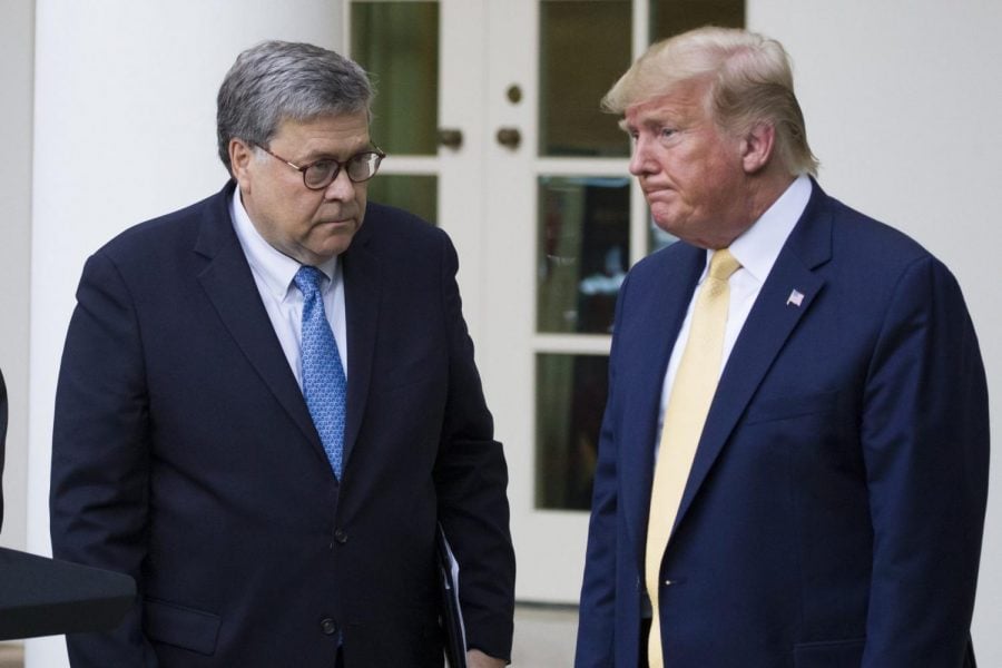 In this July 11, 2019, file photo, Atty. Gen. William Barr, left, and President Donald Trump turn to leave after speaking in the Rose Garden of the White House.