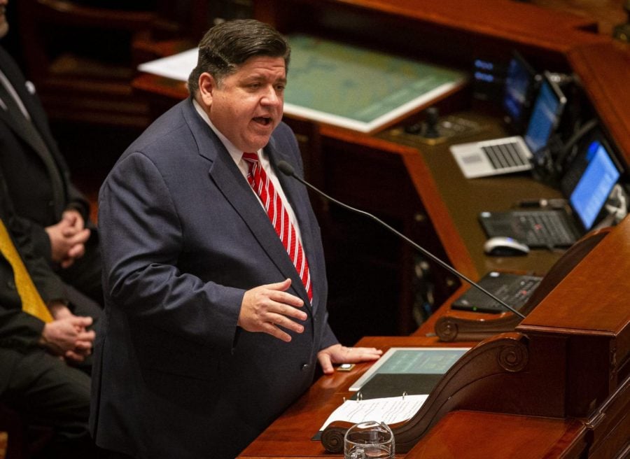 Illinois Gov. J.B. Pritzker delivers his state budget address, Wednesday, Feb. 19, 2020, at the Illinois State Capitol in Springfield, Ill. 