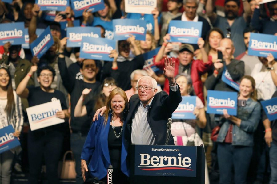Democratic presidential candidate Sen. Bernie Sanders, I-Vt., with his wife Jane OMeara Sanders, waves his hand during a rally in El Paso, Texas, Saturday, Feb. 22, 2020.