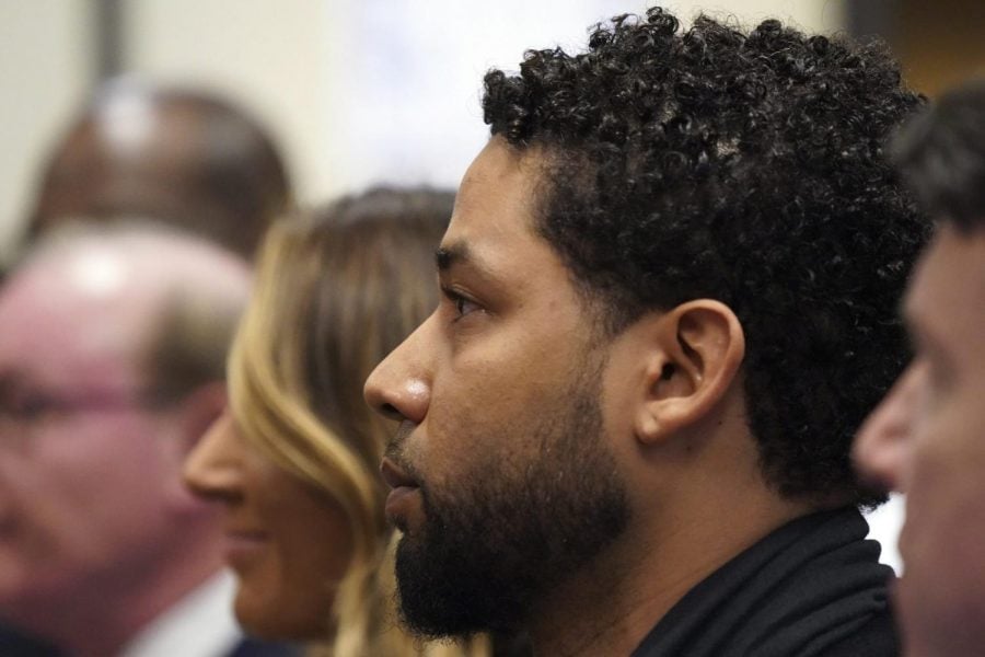 Actor Jussie Smollett appears in a courtroom at the Leighton Criminal Court Building in Chicago on Feb. 24, 2020, where he plead not guilty to restored charges that accuse him of staging a racist, homophobic attack against himself and falsely reporting it to police. 