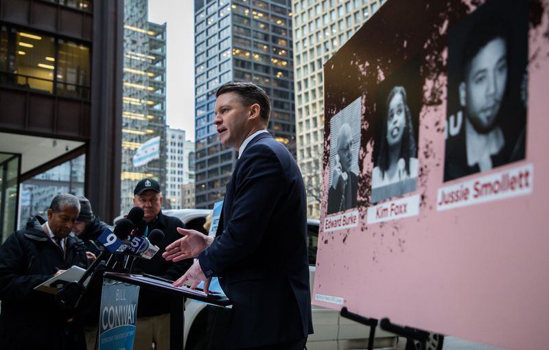 Bill Conway, a candidate for Cook County state’s attorney, talks to the press in front of the Cook County Building in Chicago on Thursday, Jan. 9, 2020.