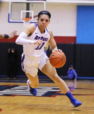 DePaul sophomore guard Sonya Morris drives to the basket against St. John’s on Jan. 12 at McGrath-Phillips Arena. Morris is averaging 16.3 points per game this season.