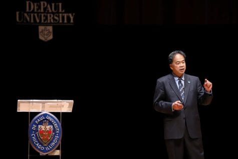President A. Gabriel Esteban at the 2019 State of the University address.