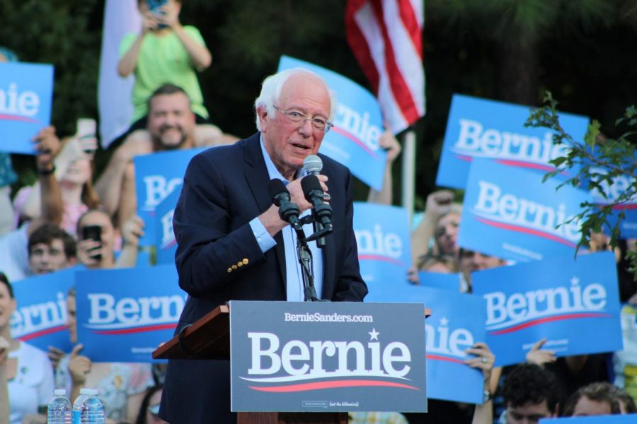 Senator Bernie Sanders speaking at a rally at UNC-Chapel Hill.