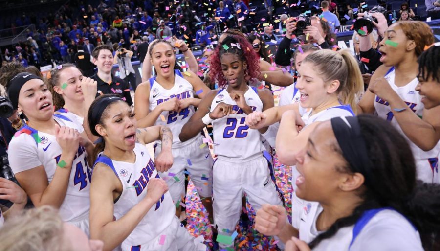 DePaul's women's basketball team celebrates after winning the 2020 Big East Tournament.