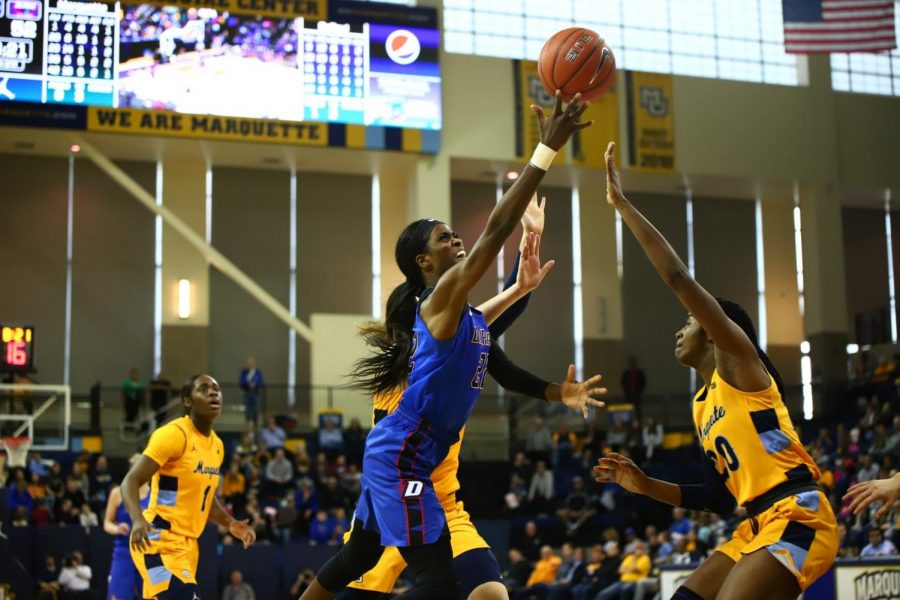 Chante Stonewall goes up for a shot in the second half against Marquette. The senior forward scored just 12 points on Sunday in the 90-82 loss to the rival Golden Eagles.