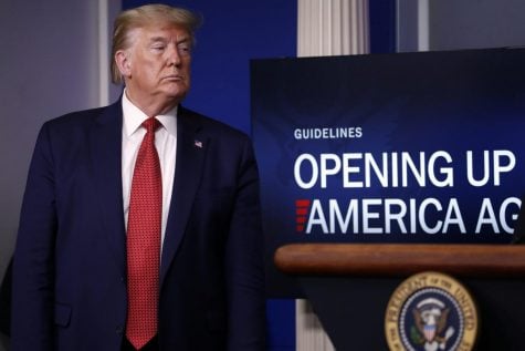 President Donald Trump listens during a briefing about the coronavirus in the James Brady Press Briefing Room of the White House, Thursday, April 16, 2020, in Washington.