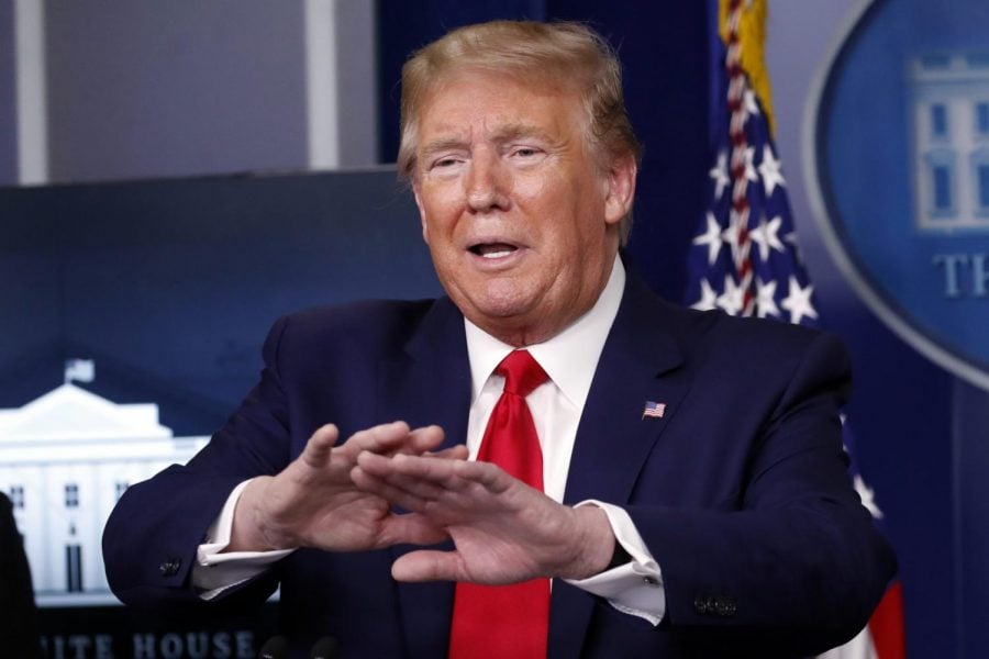 President Donald Trump speaks about the coronavirus in the James Brady Press Briefing Room of the White House, Monday, April 20, 2020, in Washington. 