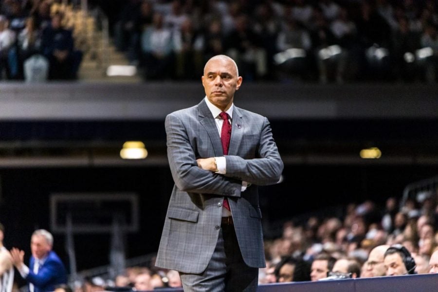 Dave+Leitao+looks+on+during+the+Blue+Demons+game+against+Butler+on+Feb.+29%2C+2020+at+Hinkle+Fieldhouse.