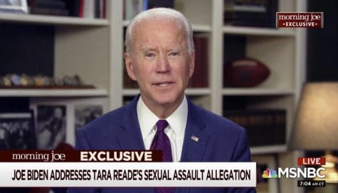 This video framegrab image from MSNBC's Morning Joe, shows Democratic presidential candidate former Vice President Joe Biden speaking to co-host Mika Brzezinski, Friday, May 1, 2020. (MSNBC's Morning Joe via AP)